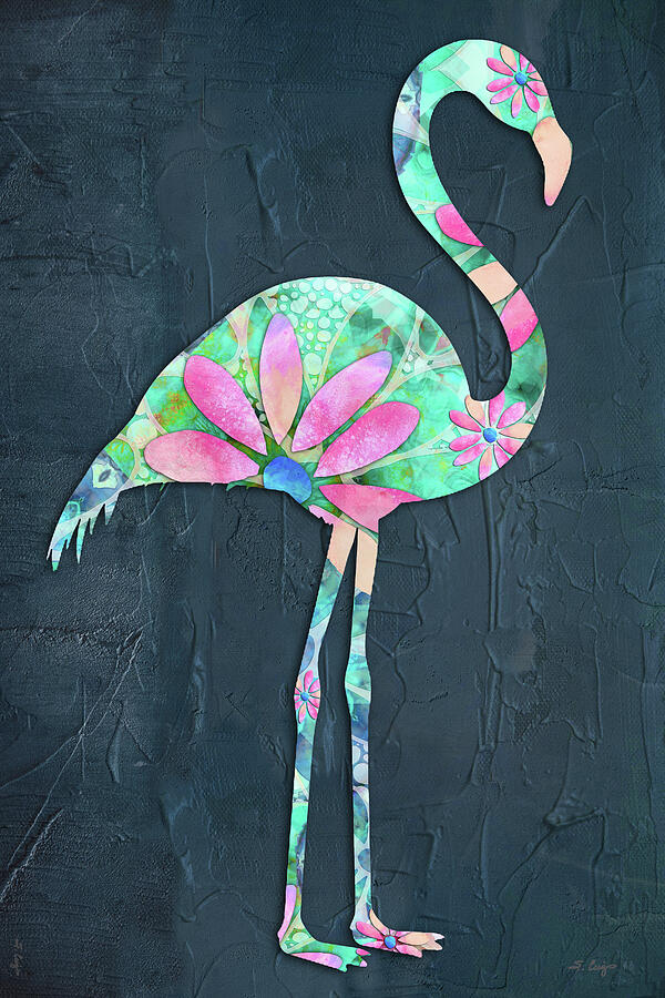 Dancing Daisies Tropical Flamingo Art Painting by Sharon Cummings