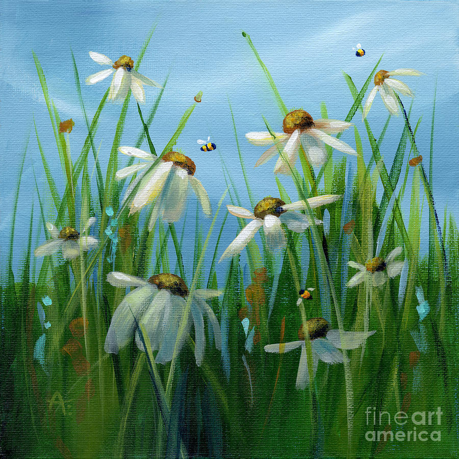 Dancing Daisies - with Bumblebee Painting by Annie Troe