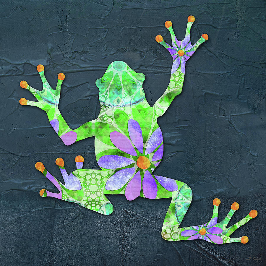 Dancing Daisy Frog 1 Colorful Art Painting by Sharon Cummings