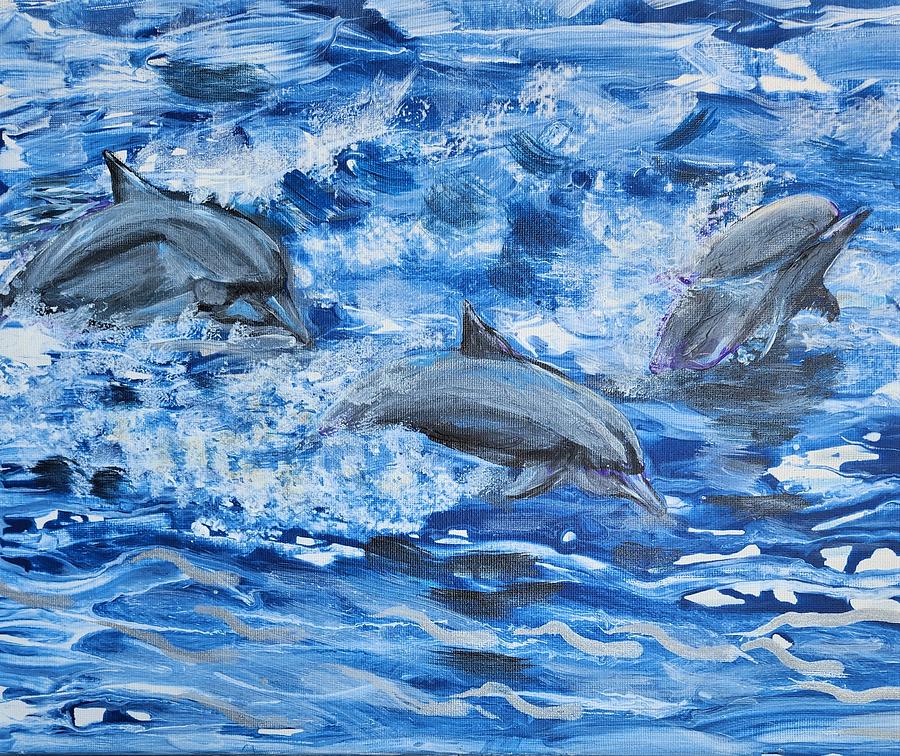 Dancing Dolphins Painting by Linda Cabrera