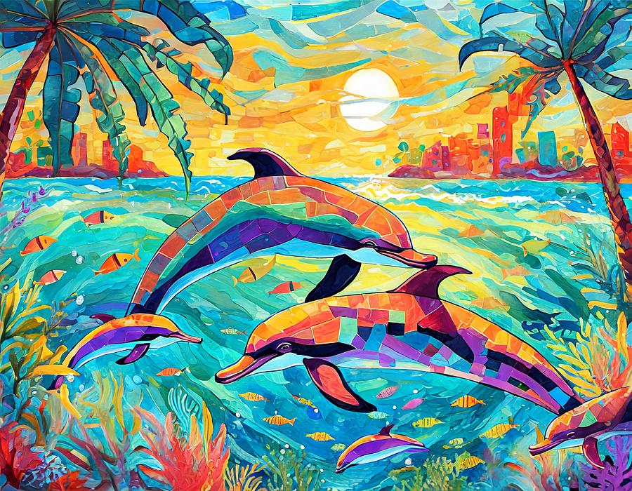 Dancing Dolphins Mixed Media by Susan Rydberg