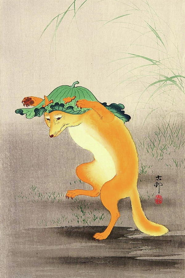 Dancing Fox With Lotus Leaf Hat By Ohara Koson Painting by Ohara Koson ...