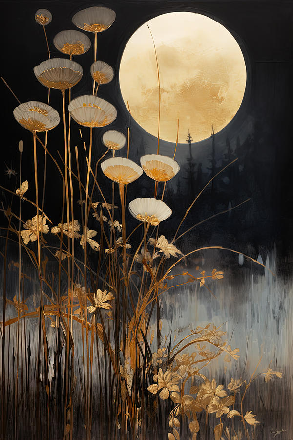 Dancing in Moonlight - Gold Flowers Art Painting by Lourry Legarde