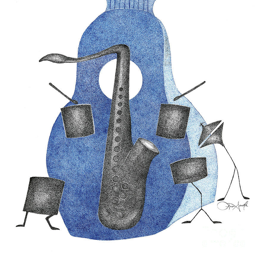 Dancing Instruments-Blue Drawing by Lisa Senette