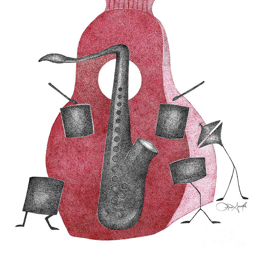 Dancing Instruments-Red Drawing by Lisa Senette