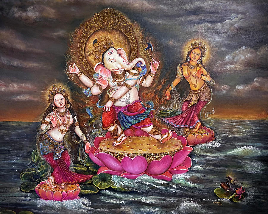 Dancing Lord Ganesh With His Two Consort Riddhi And Siddhi Painting By 