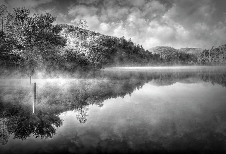 Dancing Mists on the Lake at Sunrise Black and White Photograph by Debra and Dave Vanderlaan