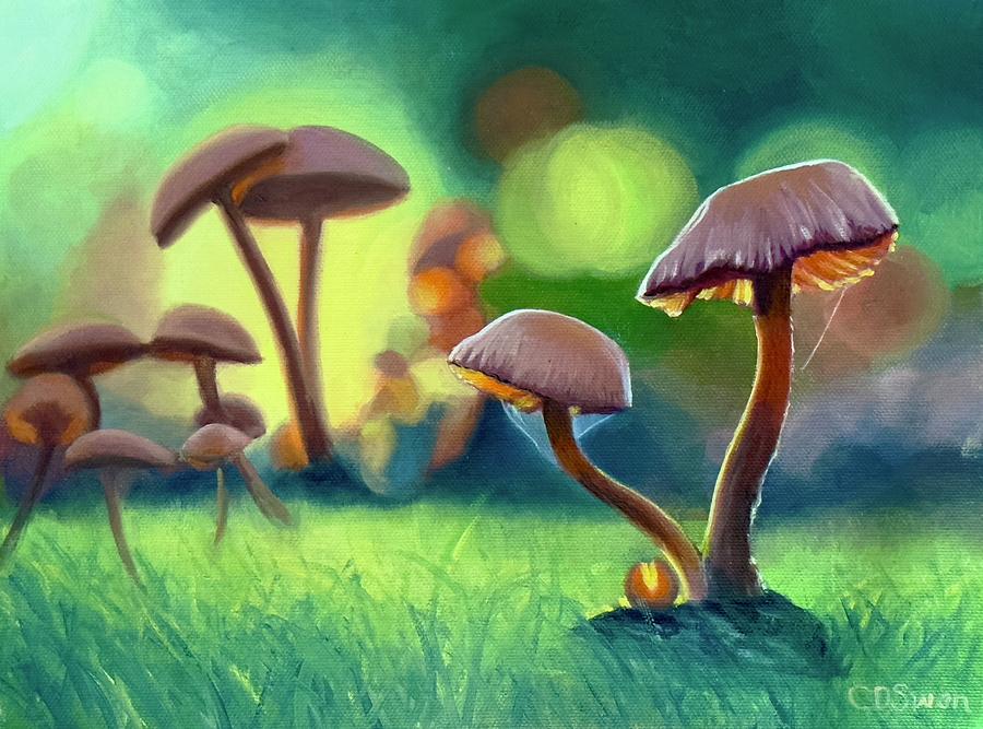 Dancing Mushrooms Painting by Caroline Swan