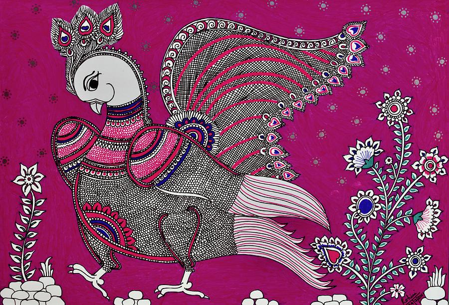 Dancing Peacock-Pink Painting by Bnte Creations