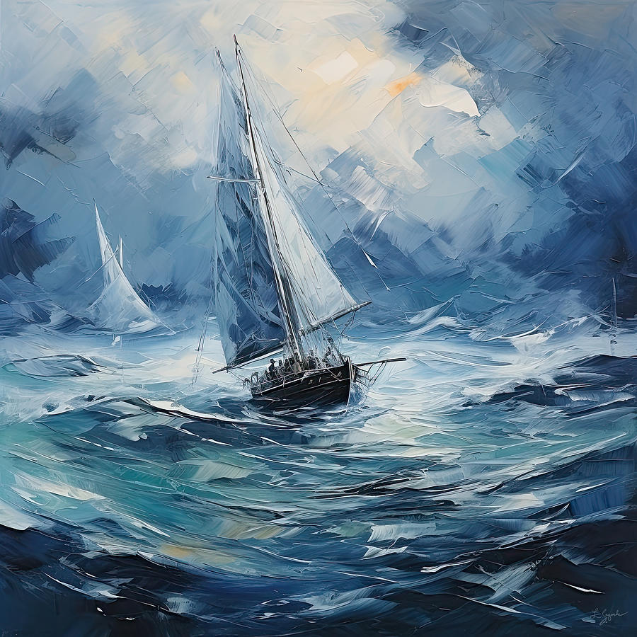Blue Painting - Dancing Sailboats - Blue and White Artwork by Lourry Legarde