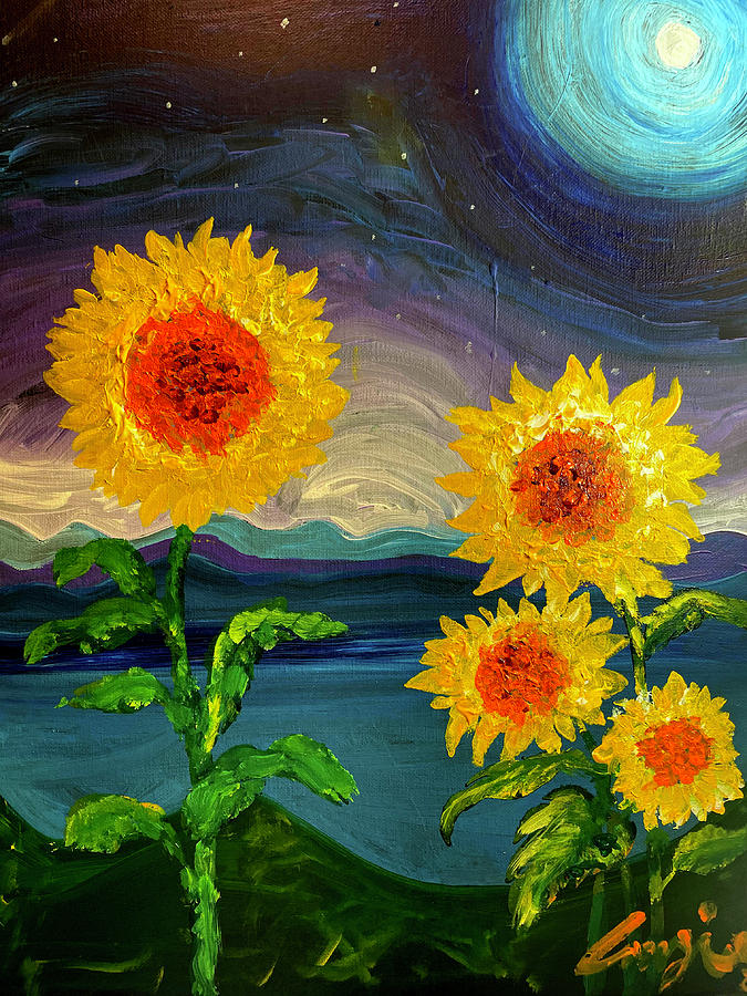 Dancing Sunflowers Under A Full Moon Painting by Amzie Adams