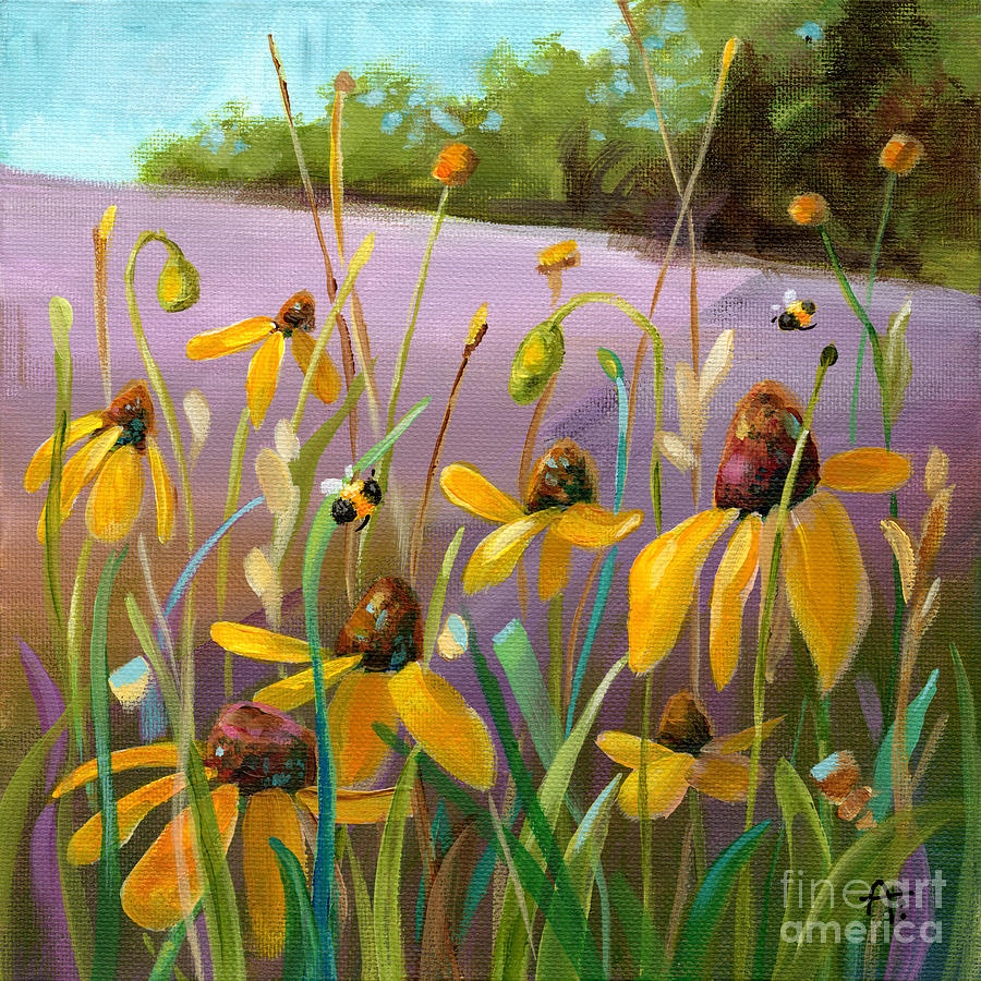 Dancing Susans - yellow daisies Painting by Annie Troe