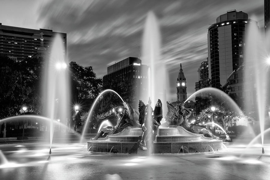 Dancing Water at Night - Swann Fountain Philadelphia in Black an Photograph by Bill Cannon