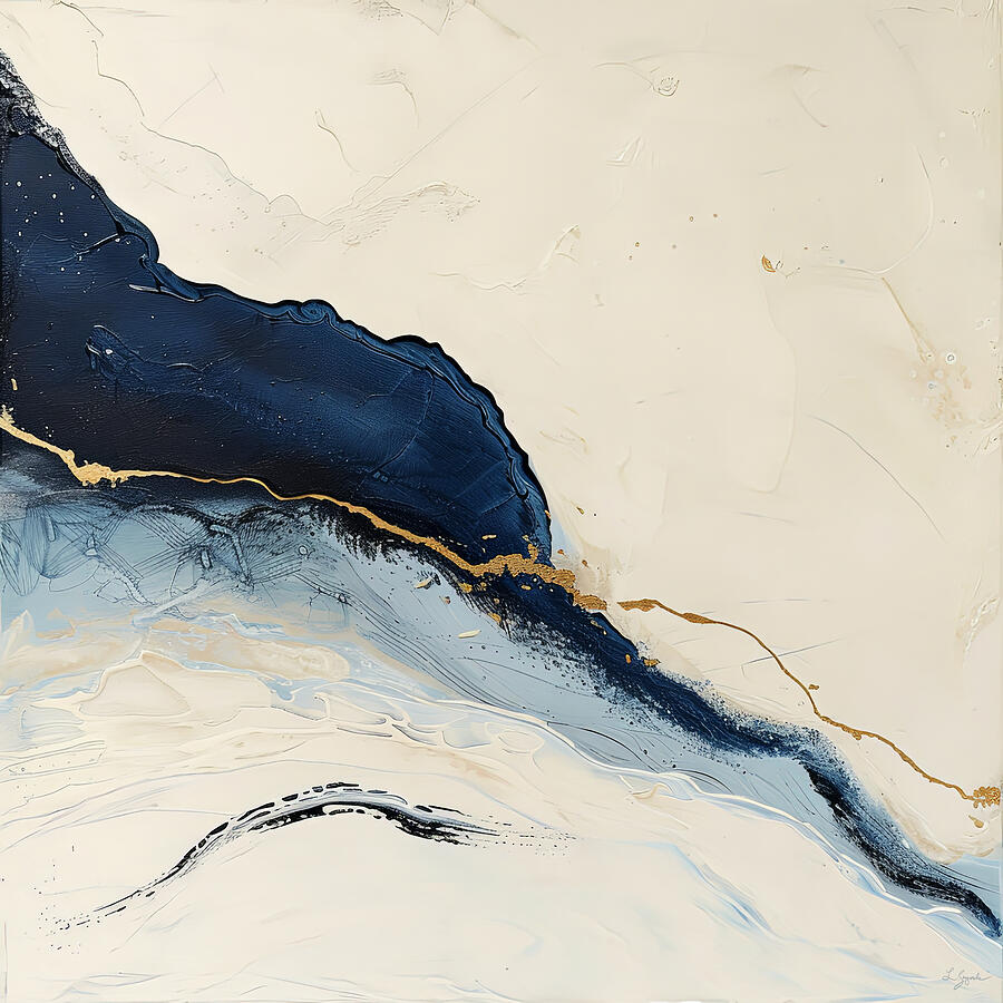 Dancing with the Ocean - Abstract Art in White, Navy and Gold Painting by Lourry Legarde