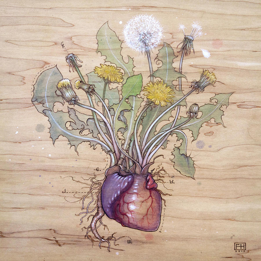 Flowers Still Life Pyrography - Dandelion Heart by Fay Helfer