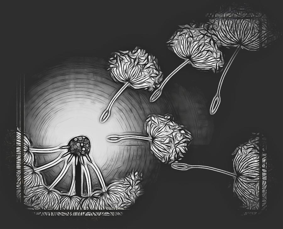 Dandelion Make A Wish Black And White Abstract Digital Art by Joan Stratton