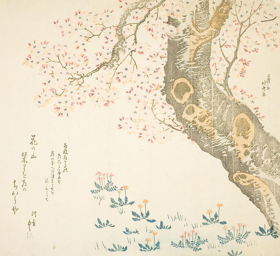 Dandelions and Clovers Beneath Cherry Tree Relief by Katsushika Hokusai