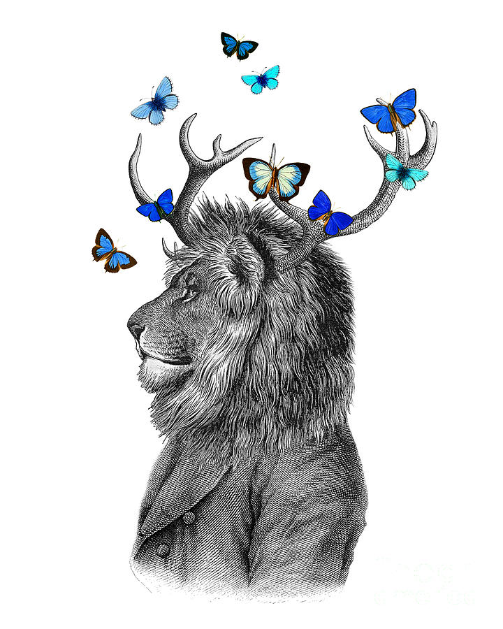 Butterfly Digital Art - Dandy lion with antlers and blue butterflies by Madame Memento