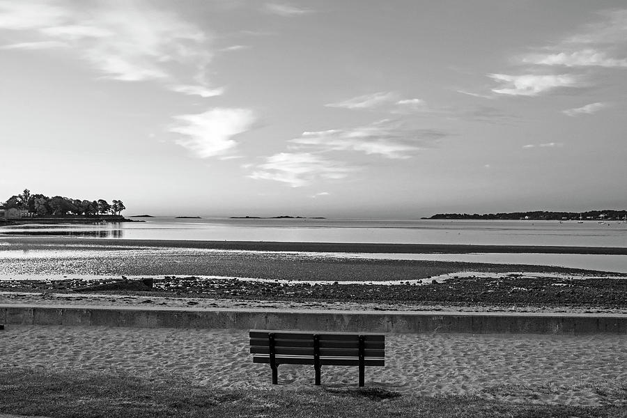 Dane Street Beach in Beverly MA Morning Light Red Clouds Bench Black and White Photograph by Toby McGuire