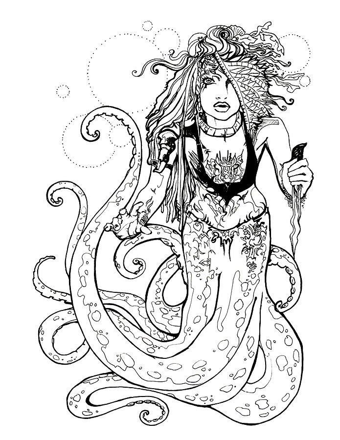 Dangerous Beauty - Mermaid Witch Drawing by Katherine Nutt
