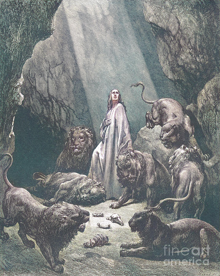 Daniel in the Den of Lions by Gustave Dore v2 Drawing by Historic illustrations
