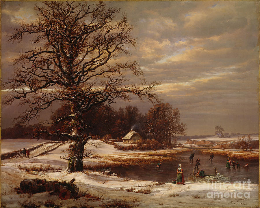 Danish winter landscape, 1838 Painting by O Vaering by Hans Christian Dahl