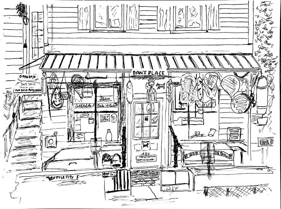 Storefront Drawing - Dans Place by Joel Charles