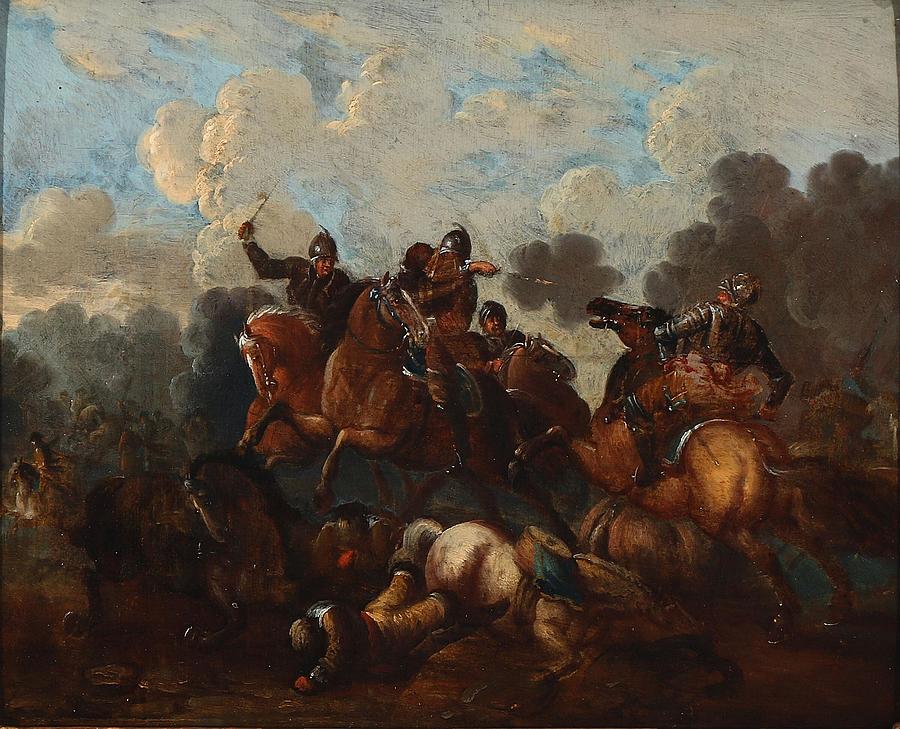 Dansk Et rytterslag A cavalry battle Painting by Georg Philipp Rugendas