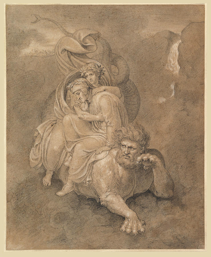 Dante and Virgil on the back of Geryon Drawing by Bertel Thorvaldsen