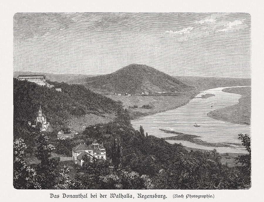 Danube valley and Walhalla, Bavaria, Germany, wood engraving, published 1897 Drawing by Zu_09