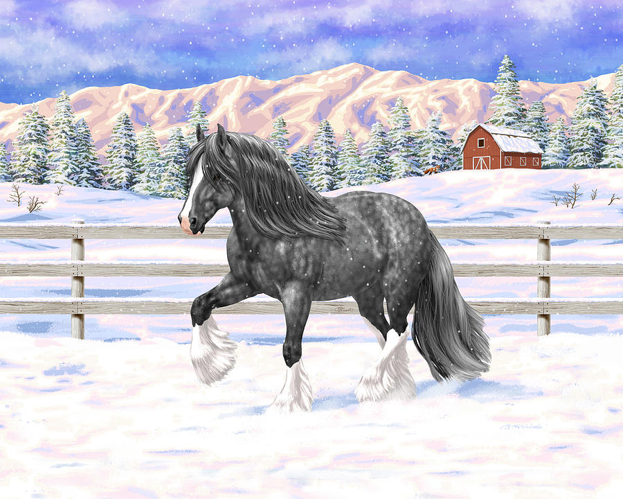 Dapple Gray Gypsy Vanner Draft Horse In Snow Painting by Crista Forest