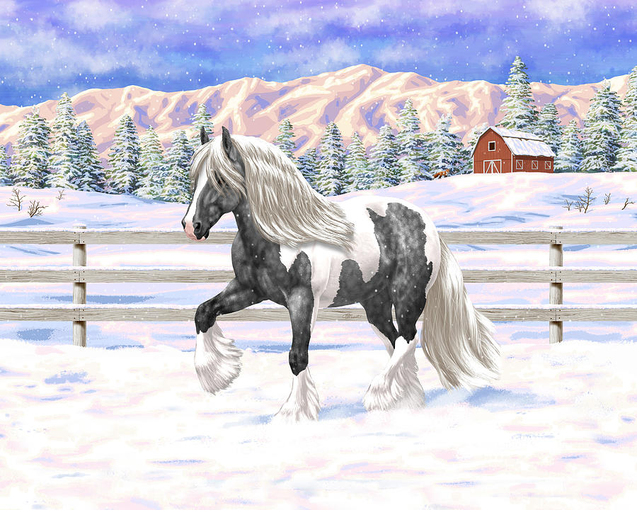 Dapple Gray Pinto Gypsy Vanner Draft Horse In Snow Painting by Crista Forest