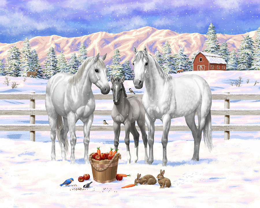 Dapple Gray White Quarter Horses in Winter Snow Painting by Crista Forest