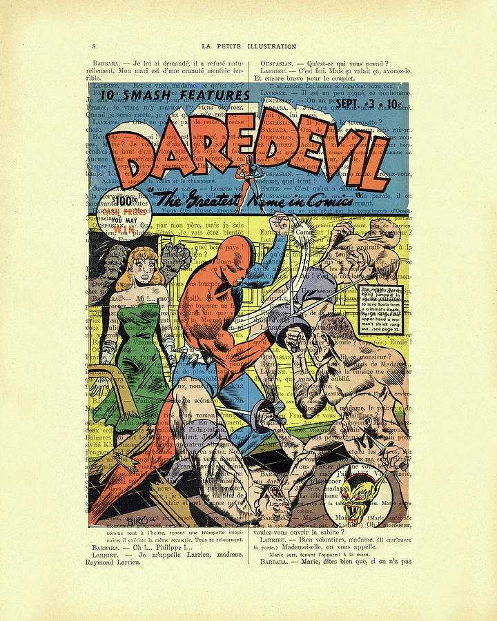 Daredevil Digital Art - Daredevil comic book cover on book page by Madame Memento