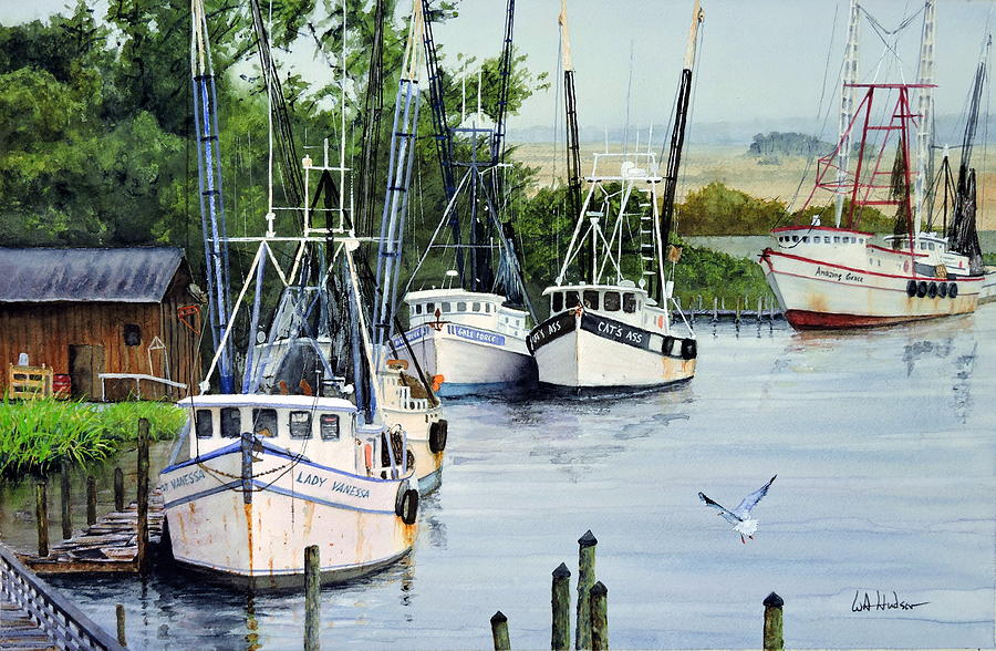 Darien Shrimp Boats Painting by Bill Hudson