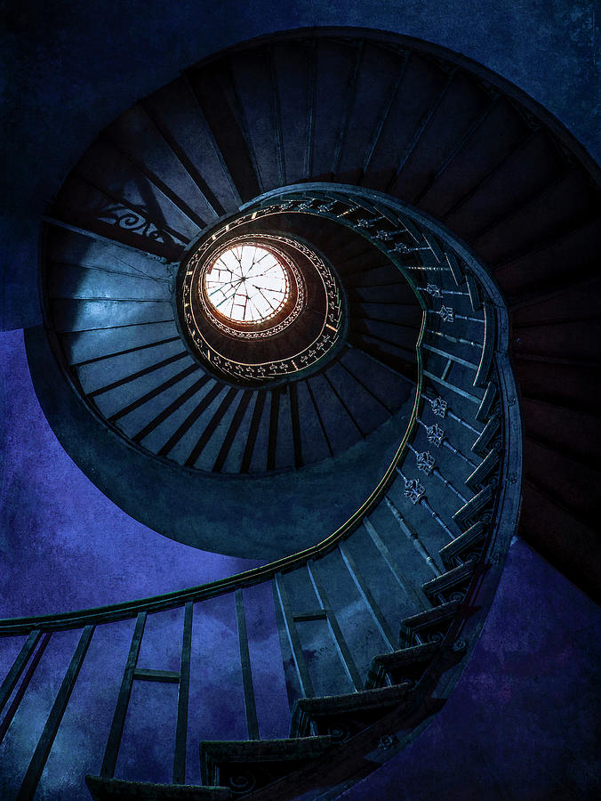 Dark blue spiral staircase Photograph by Jaroslaw Blaminsky