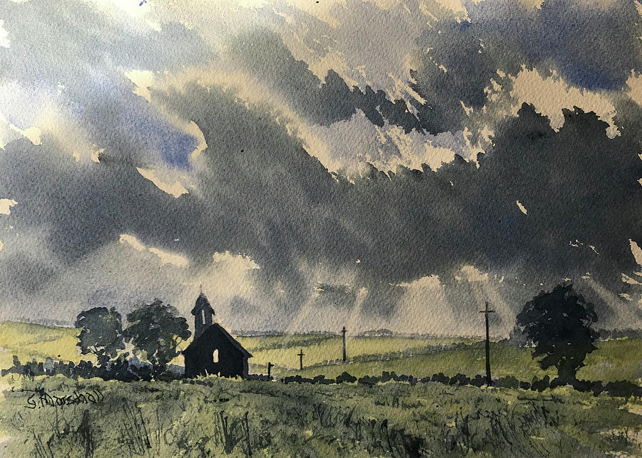 Dark Clouds over Abandoned Chapel in Cottam Painting by Glenn Marshall