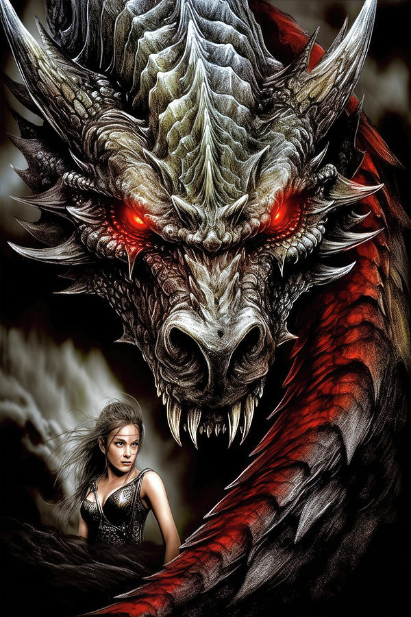Dark Dragon and Female Warrior 01 Digital Art by Matthias Hauser