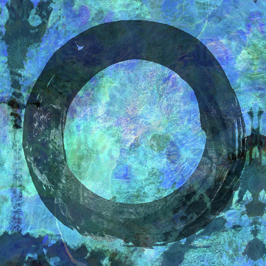 Abstract Painting - Dark Enso Art on Blue by Sharon Cummings