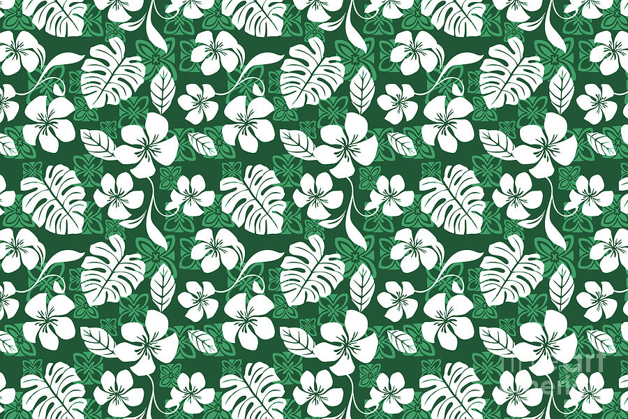 Dark Green and White Hibiscus Hawaiian Flower Blooms and Tropical Banana Leaves Pattern Digital Art by PIPA Fine Art - Simply Solid