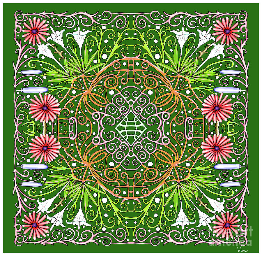Dark Green Square Design with Pink Gerbera Daisies, White Lilies and Ornate Border  Mixed Media by Lise Winne
