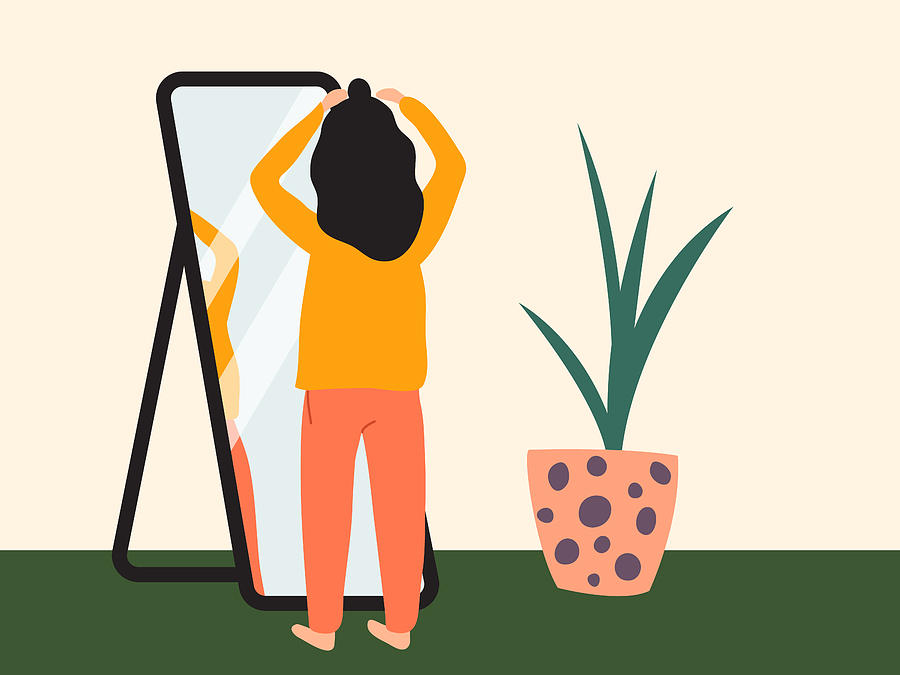 Dark-haired girl doing half up top knot in front of a mirror. Woman wearing comfy clothes at home getting ready to go out. Flat vector illustration Drawing by Imr