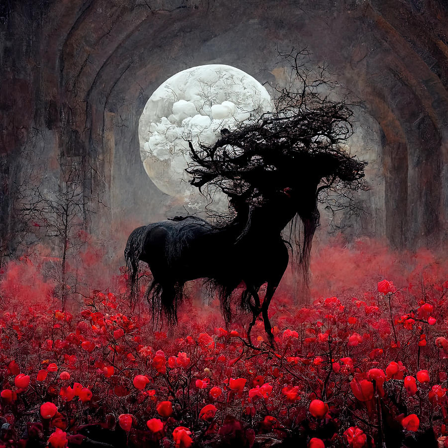 Castle Digital Art - Dark Horse In a Field of Red by Wes and Dotty Weber