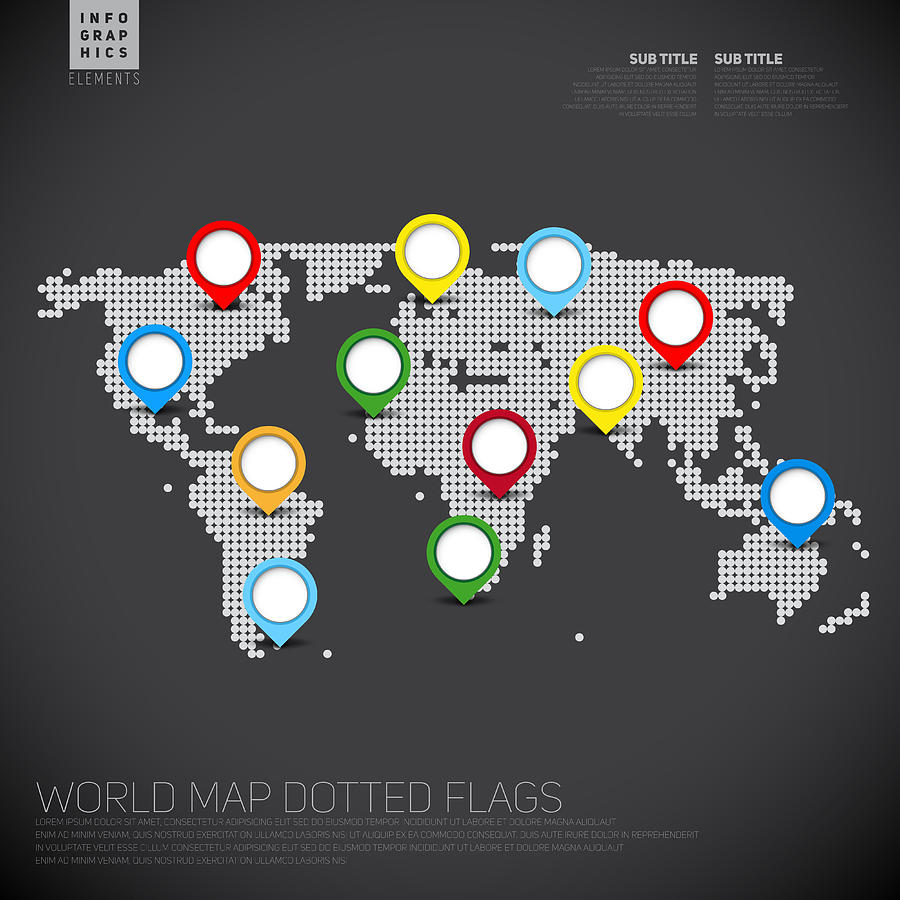 Dark Infographics World map from dots with pointer marks Drawing by Matejkotula