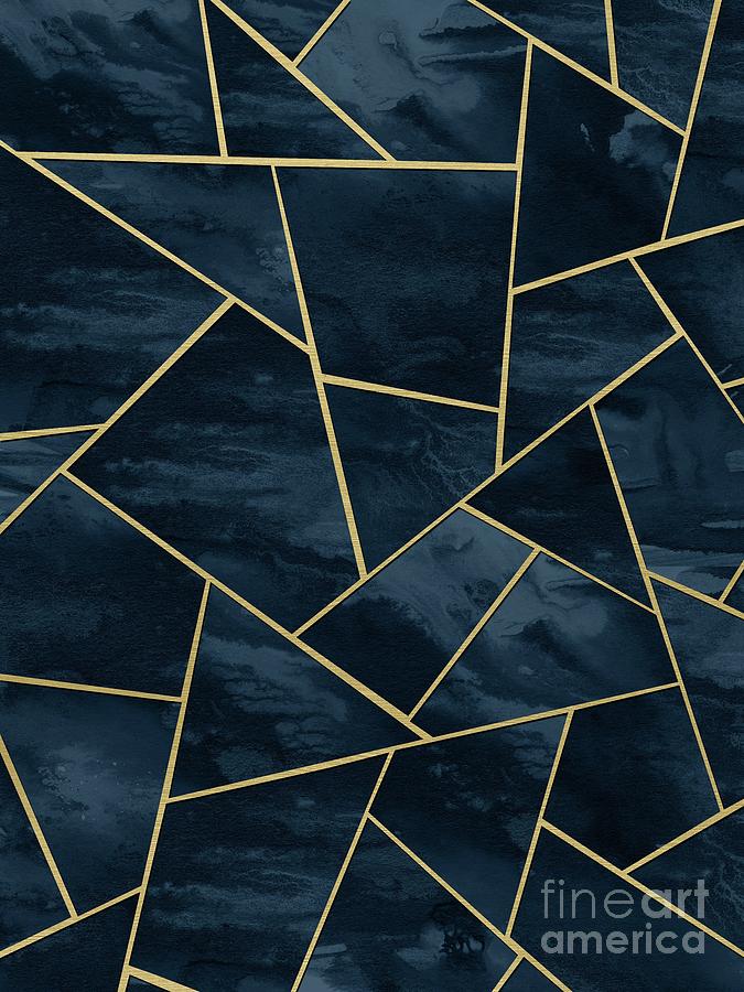 Abstract Digital Art - Dark Midnight Navy Blue Gold Geometric Glam #1 #geo #decor #art  by Anitas and Bellas Art