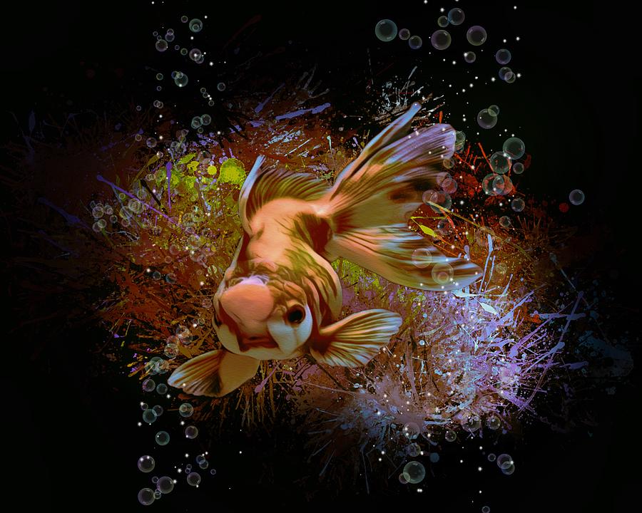 Dark Neon Goldfish Aquatic Portrait Digital Art