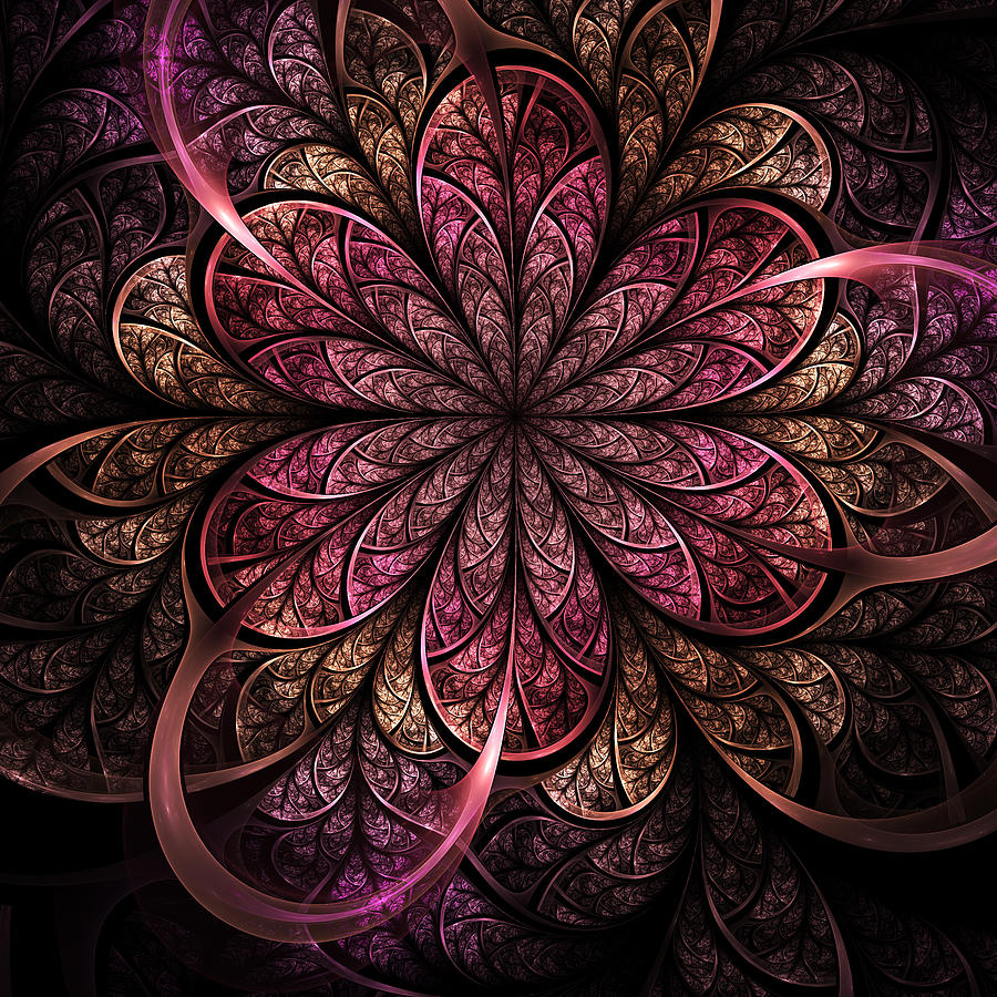 Dark Pink And Gold Fractal Flower, Digital Artwork Photograph