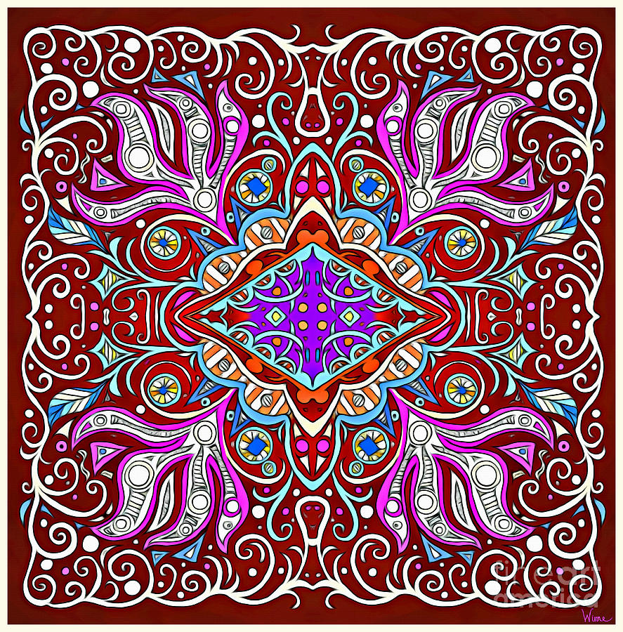 Dark Red Symmetrical Square Design with Blue, Fuchsia and Orange Details Mixed Media by Lise Winne