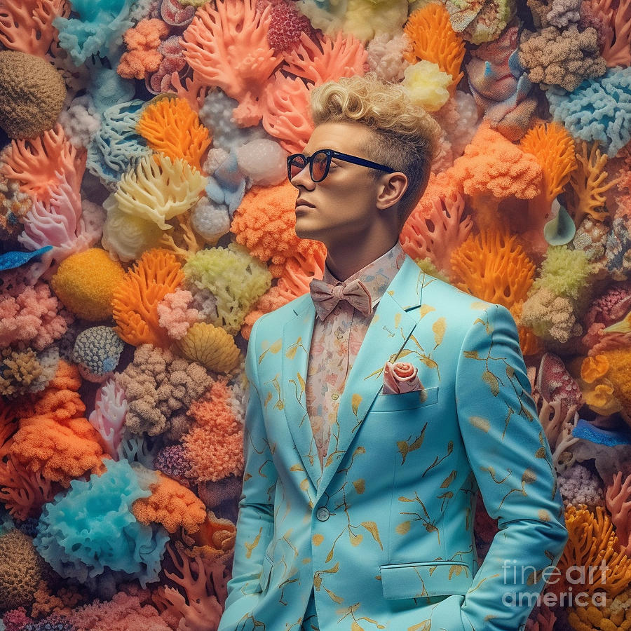Dartanian Sloan wearing a floral suit standing by Asar Studios Painting