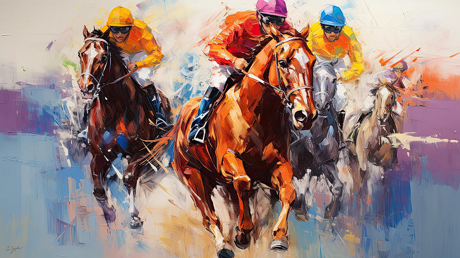 Dash of Dazzle - Colorful Horse Racing Wall Art Painting by Lourry Legarde